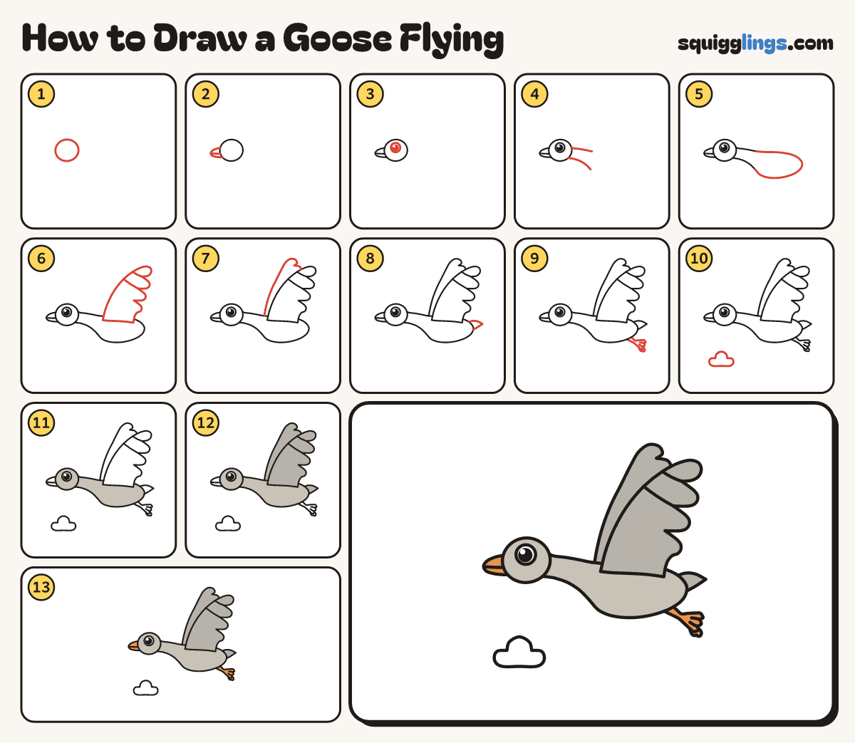 How to Draw a Goose Flying step by step: all 13 steps in one picture