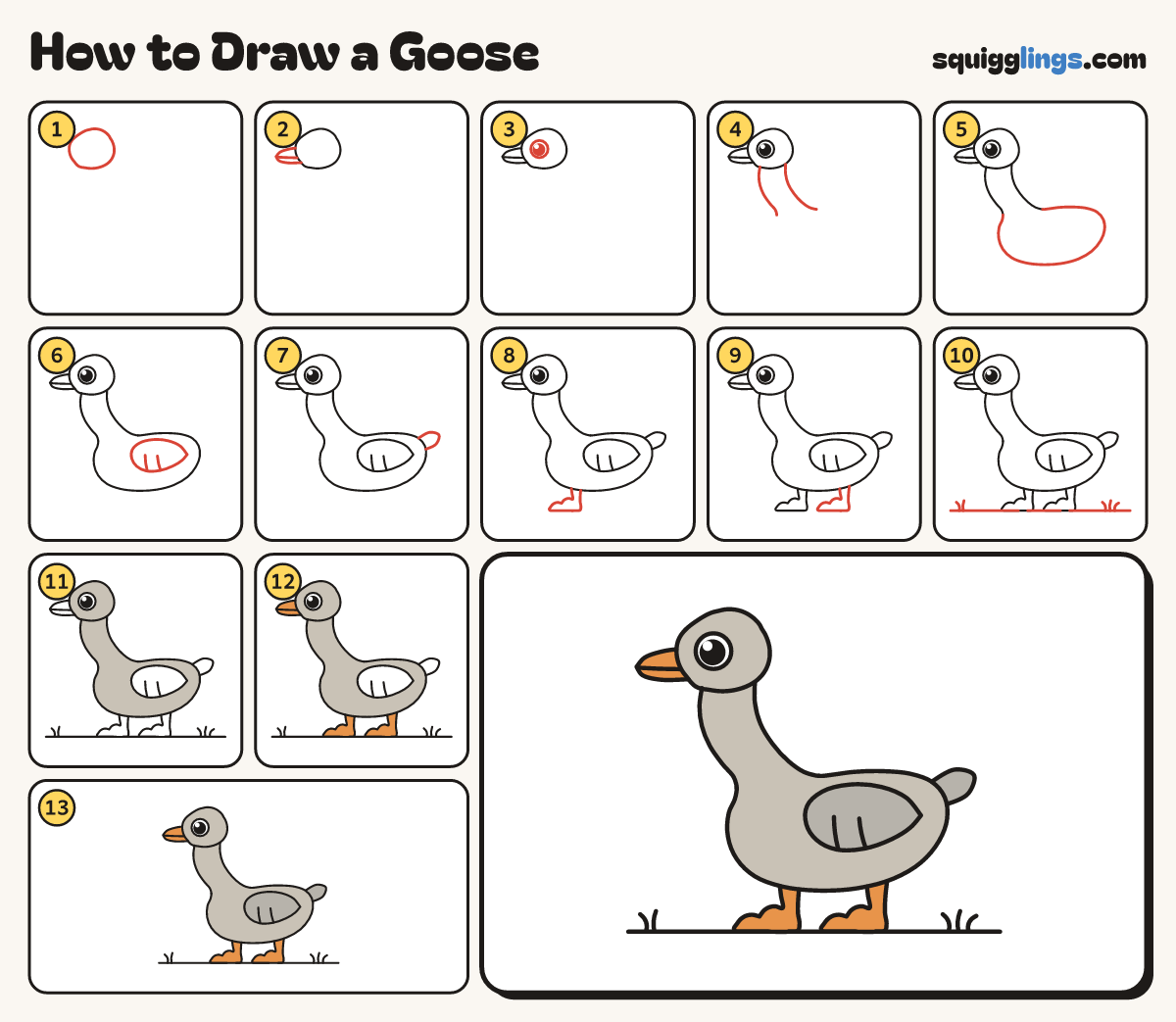 How to Draw a Goose step by step: all 13 steps in one picture