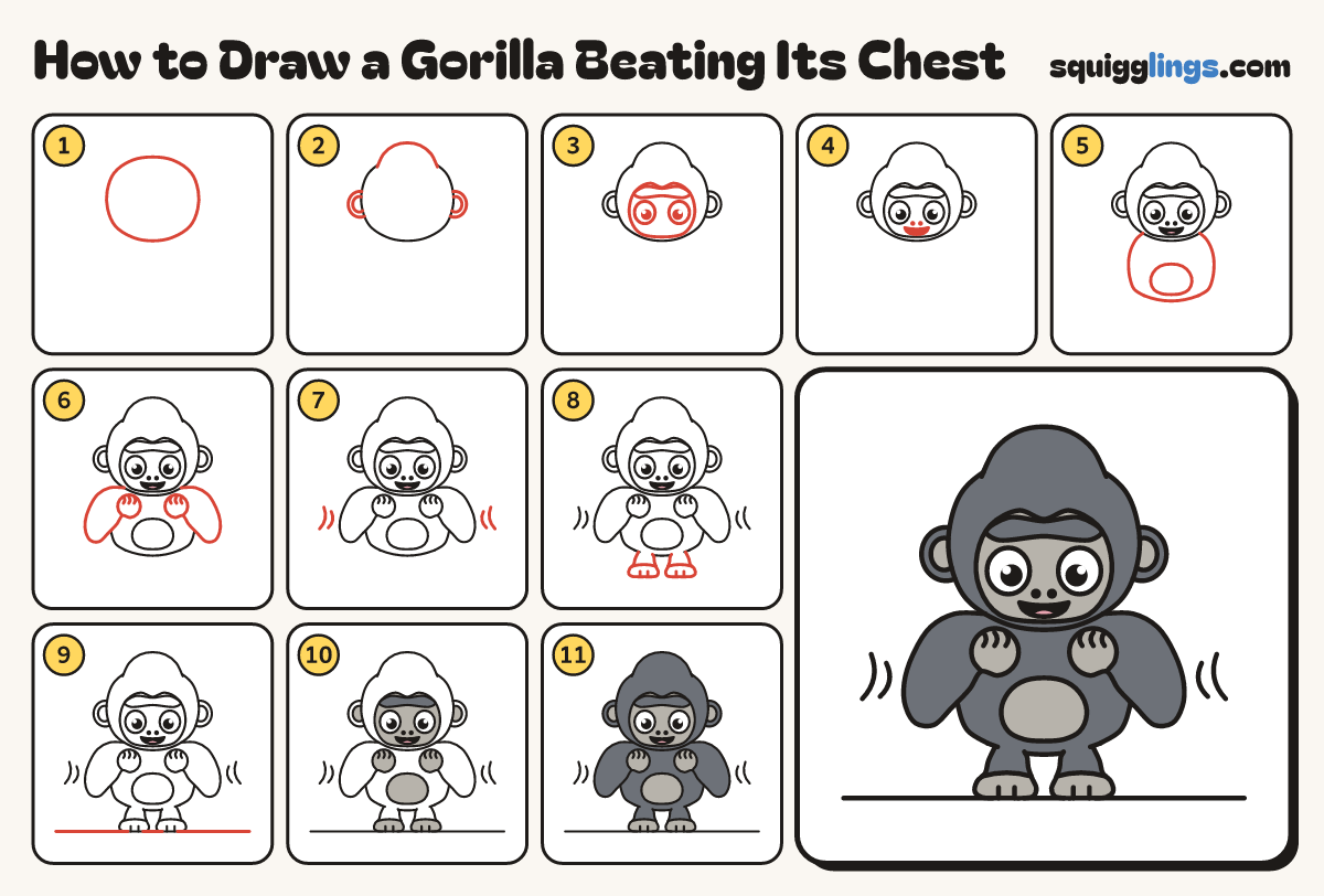 How to Draw a Gorilla Beating Its Chest step by step: all 11 steps in one picture