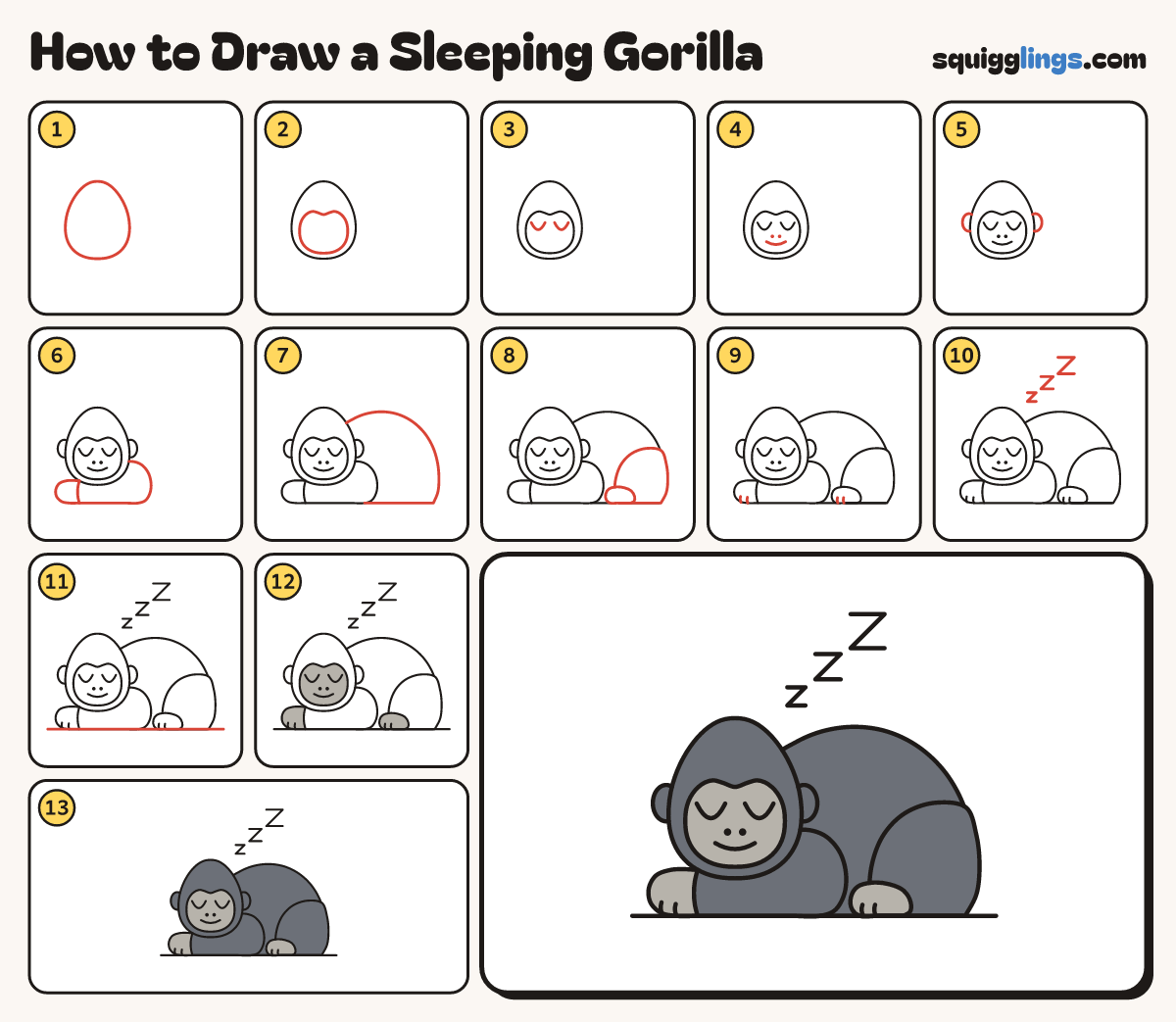 How to Draw a Sleeping Gorilla step by step: all 13 steps in one picture