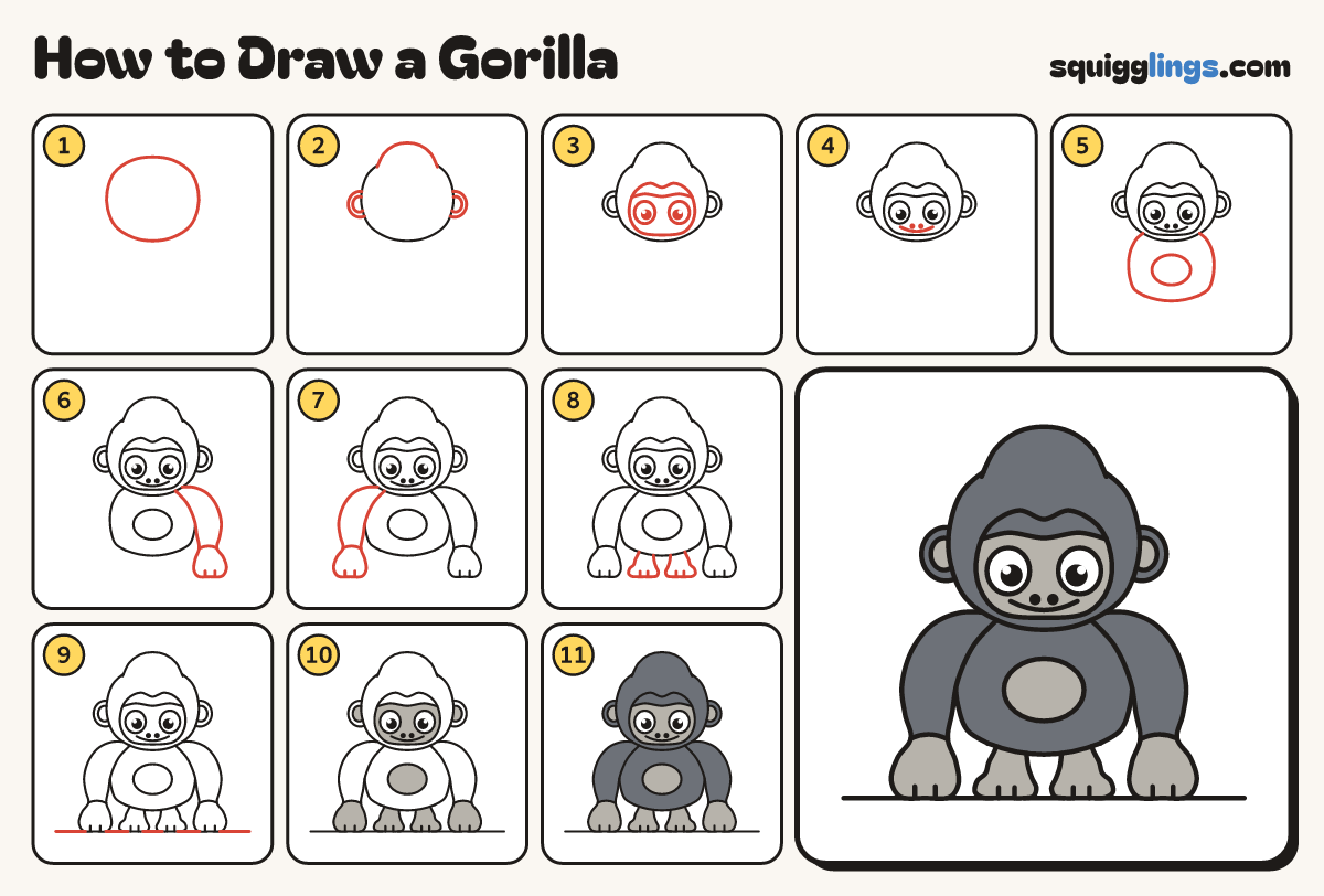 How to Draw a Gorilla step by step: all 11 steps in one picture
