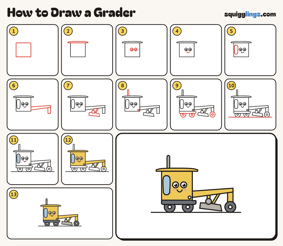 How to Draw a Grader step by step: all 13 steps in one picture