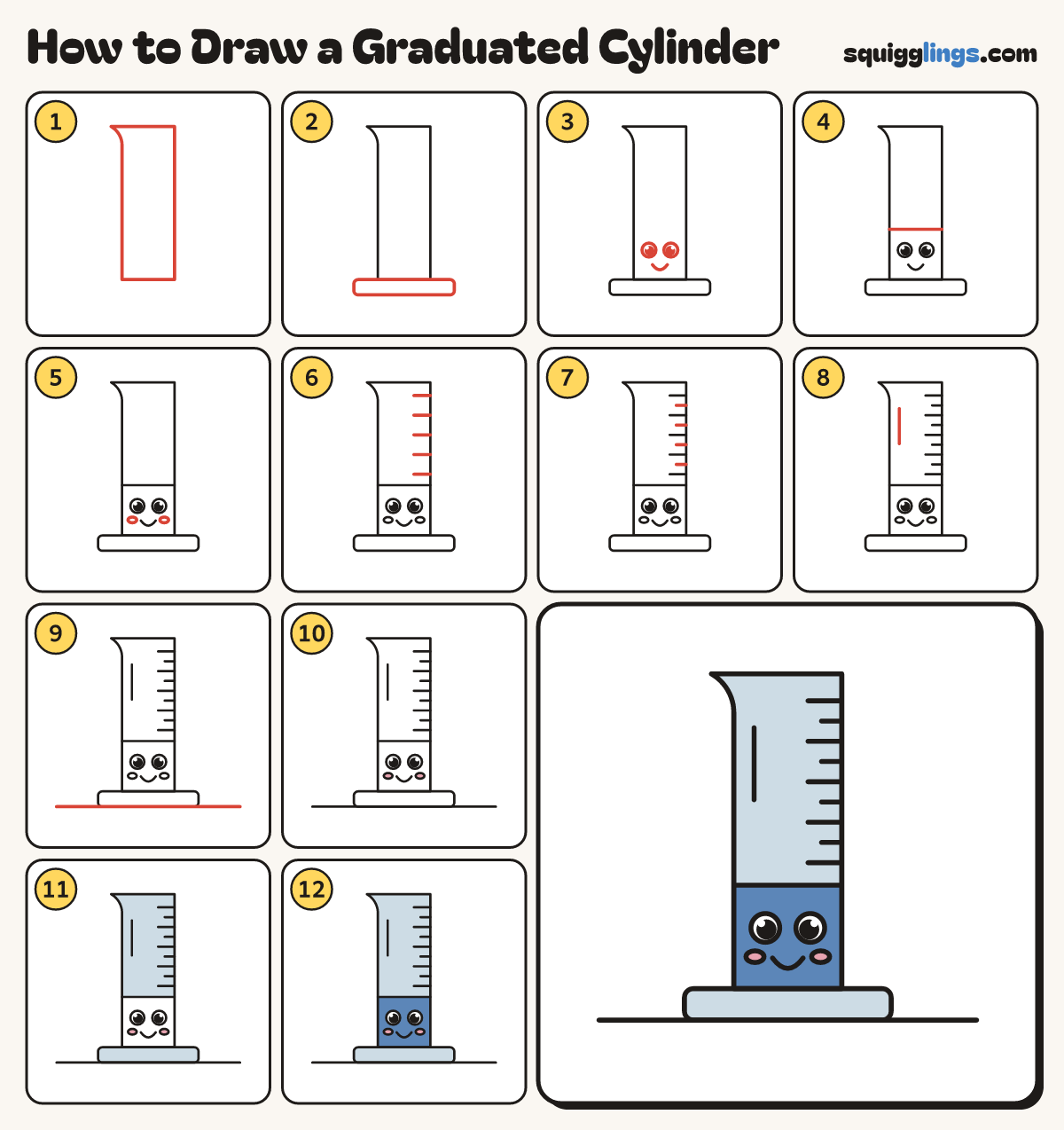 How to Draw a Graduated Cylinder step by step: all 12 steps in one picture