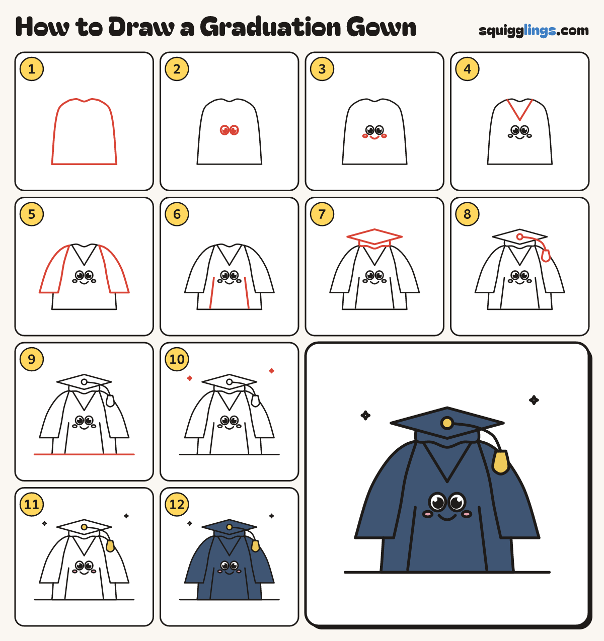 How to Draw a Graduation Gown step by step: all 12 steps in one picture