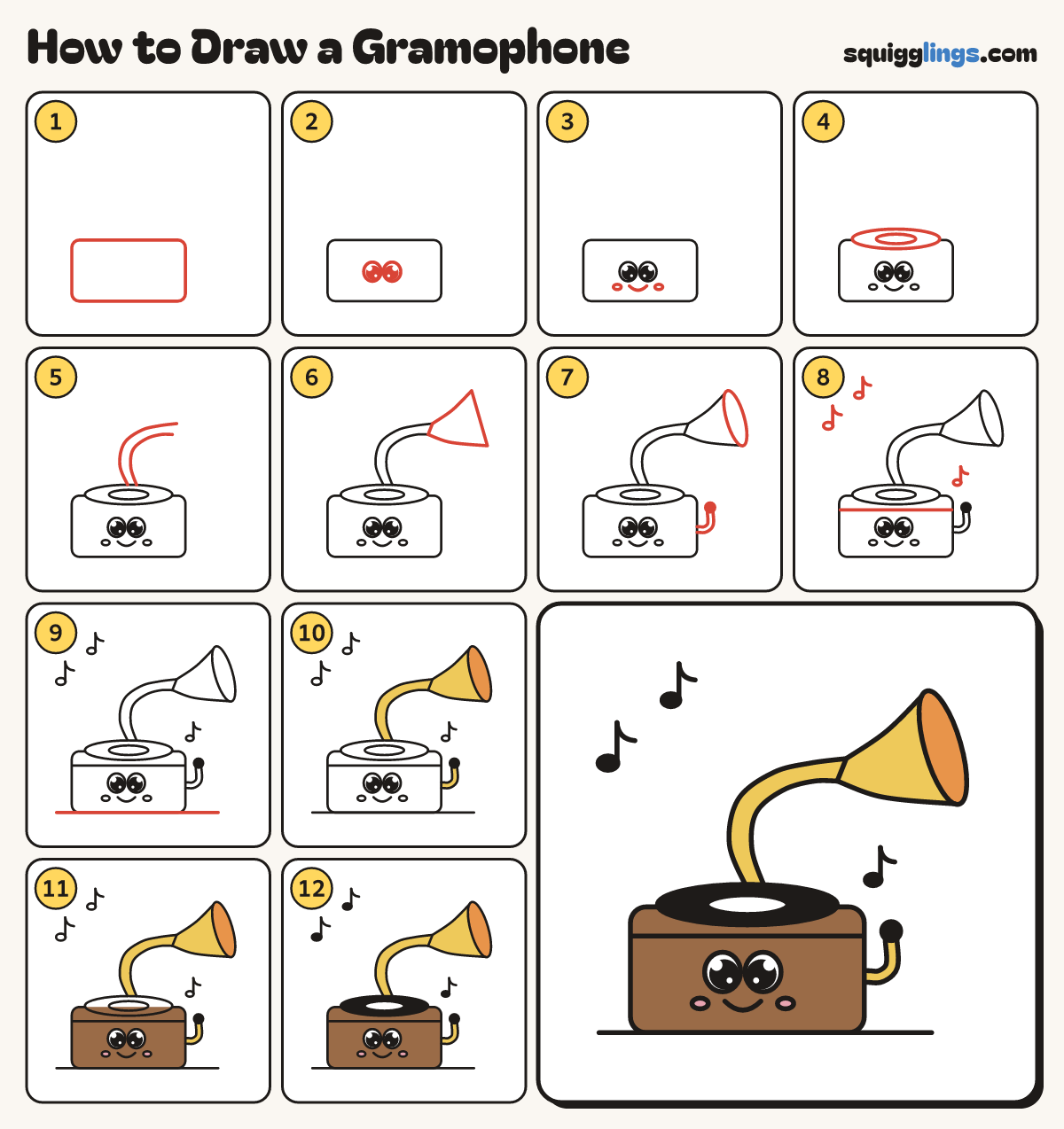 How to Draw a Gramophone step by step: all 12 steps in one picture