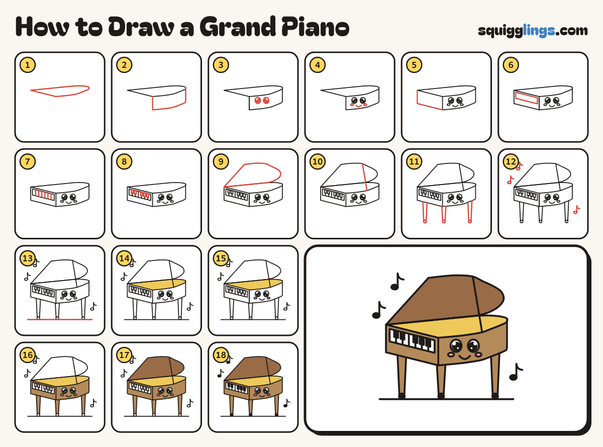 How to Draw a Grand Piano step by step: all 18 steps in one picture