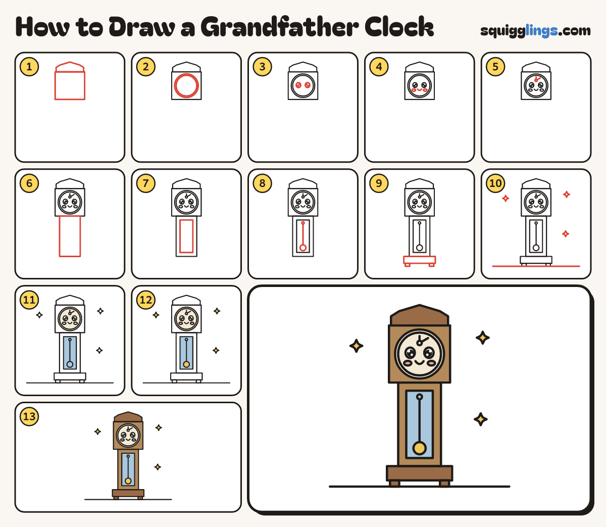 How to Draw a Grandfather Clock step by step: all 13 steps in one picture