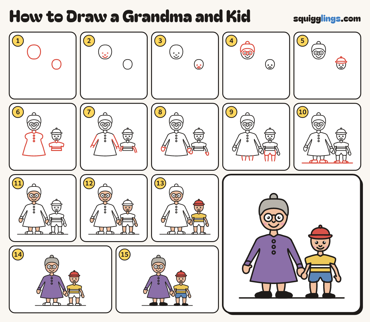 How to Draw a Grandma and Kid step by step: all 15 steps in one picture