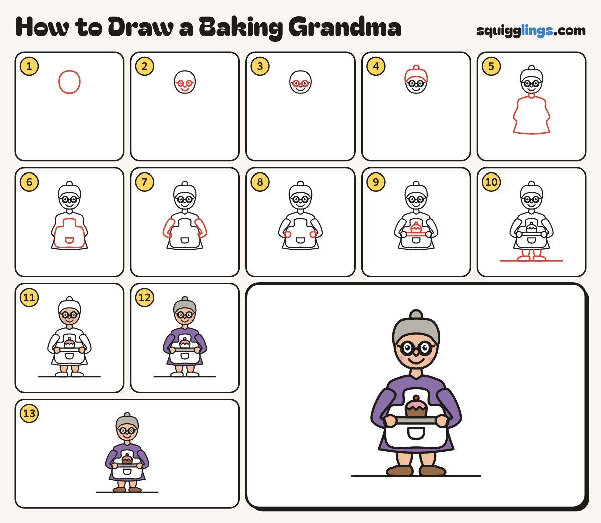 How to Draw a Baking Grandma step by step: all 13 steps in one picture