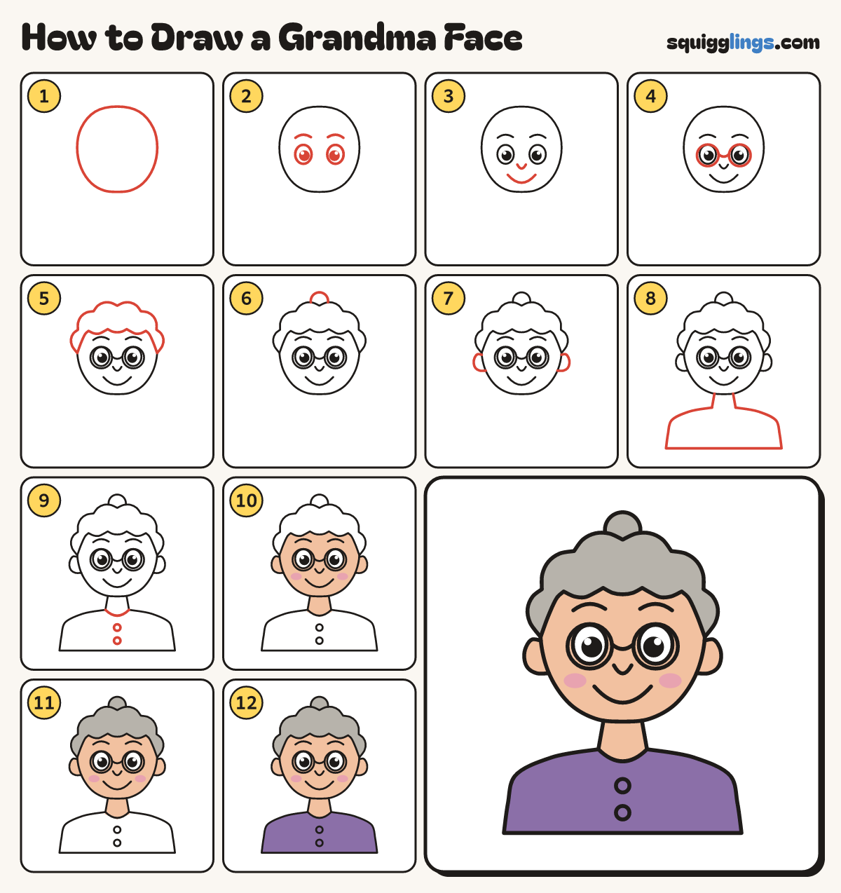 How to Draw a Grandma Face step by step: all 12 steps in one picture