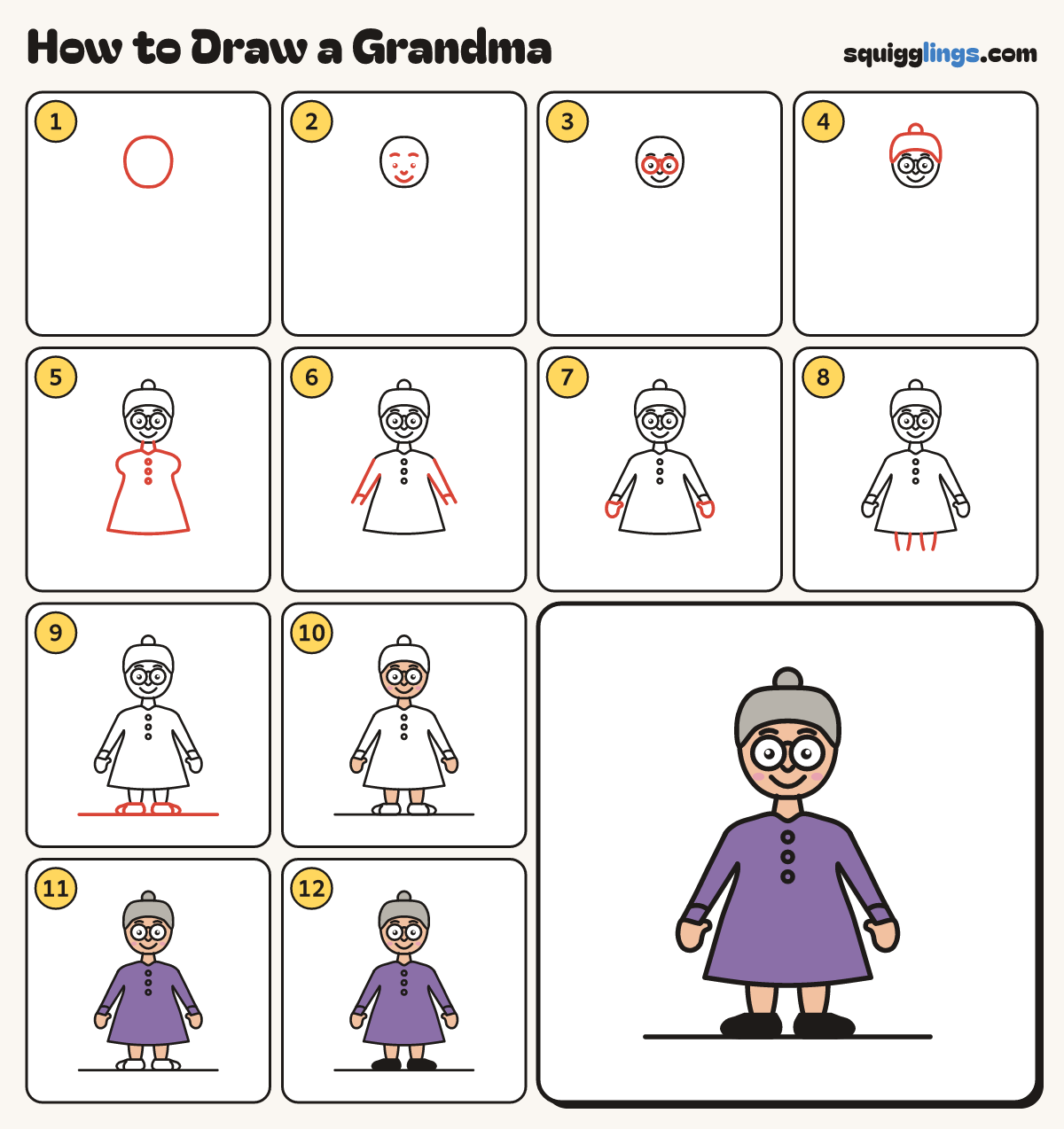 How to Draw a Grandma step by step: all 12 steps in one picture