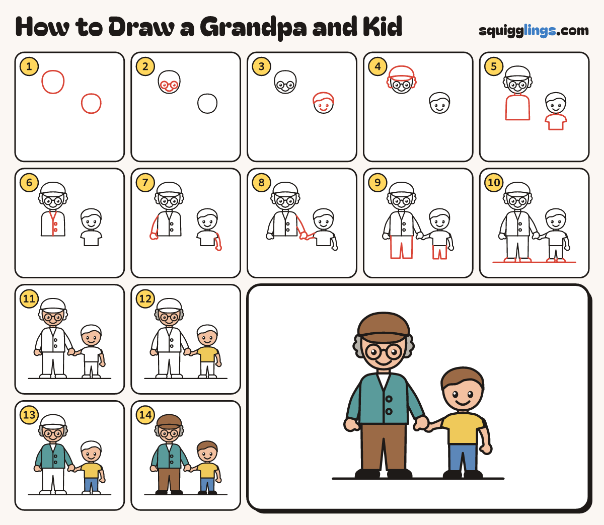 How to Draw a Grandpa and Kid step by step: all 14 steps in one picture
