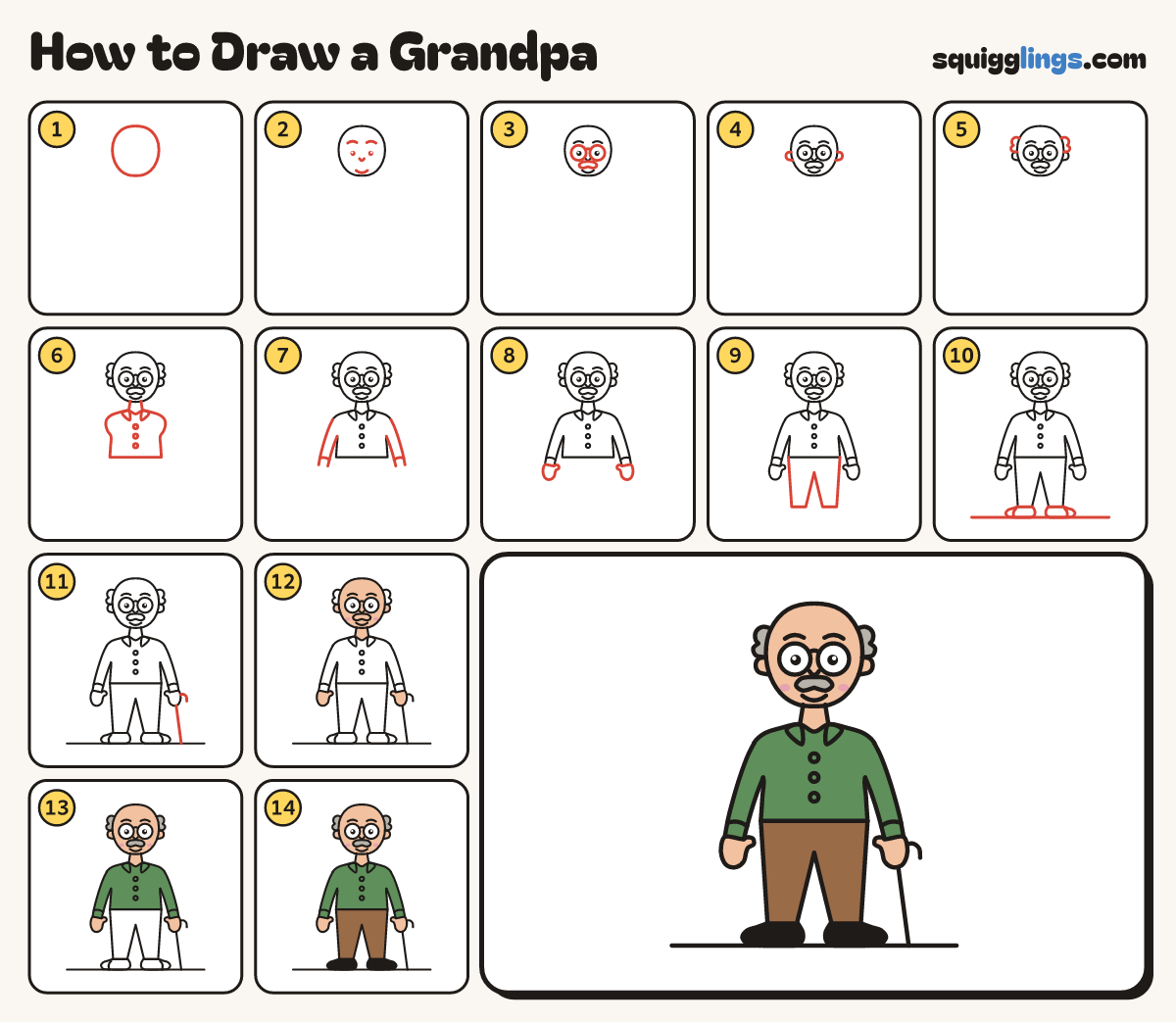 How to Draw a Grandpa step by step: all 14 steps in one picture