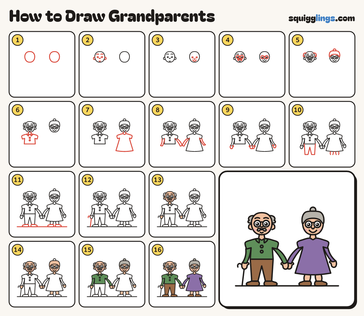 How to Draw Grandparents step by step: all 16 steps in one picture
