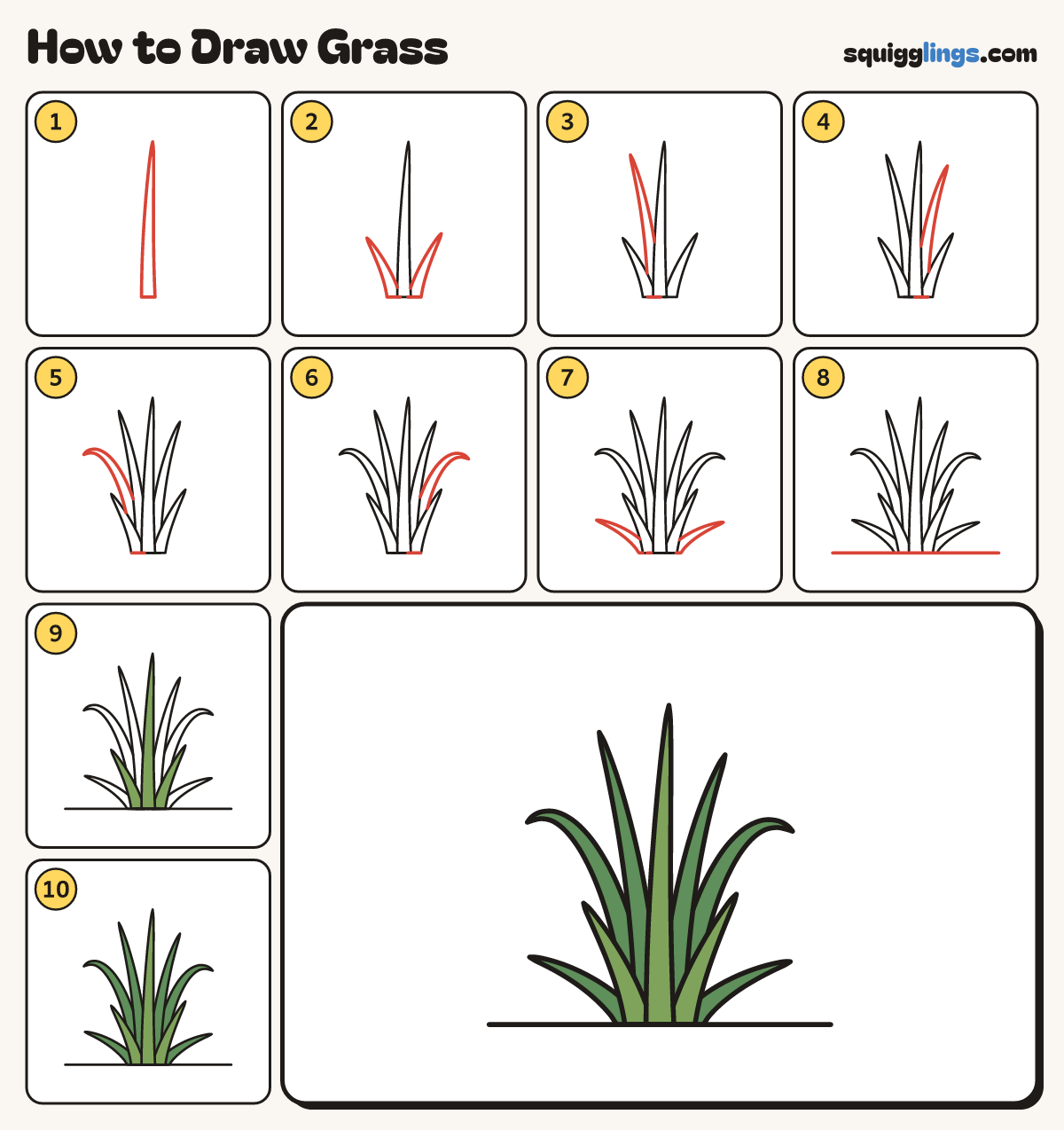 How to Draw Grass step by step: all 10 steps in one picture