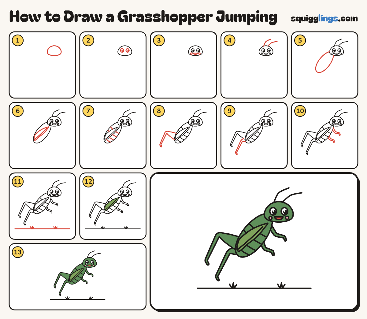 How to Draw a Grasshopper Jumping step by step: all 13 steps in one picture