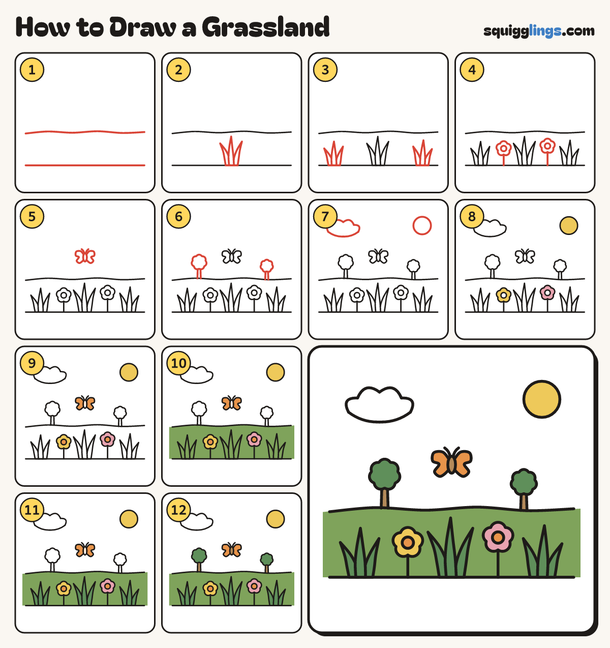 How to Draw a Grassland step by step: all 12 steps in one picture
