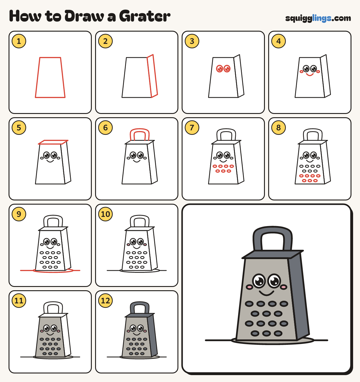 How to Draw a Grater step by step: all 12 steps in one picture