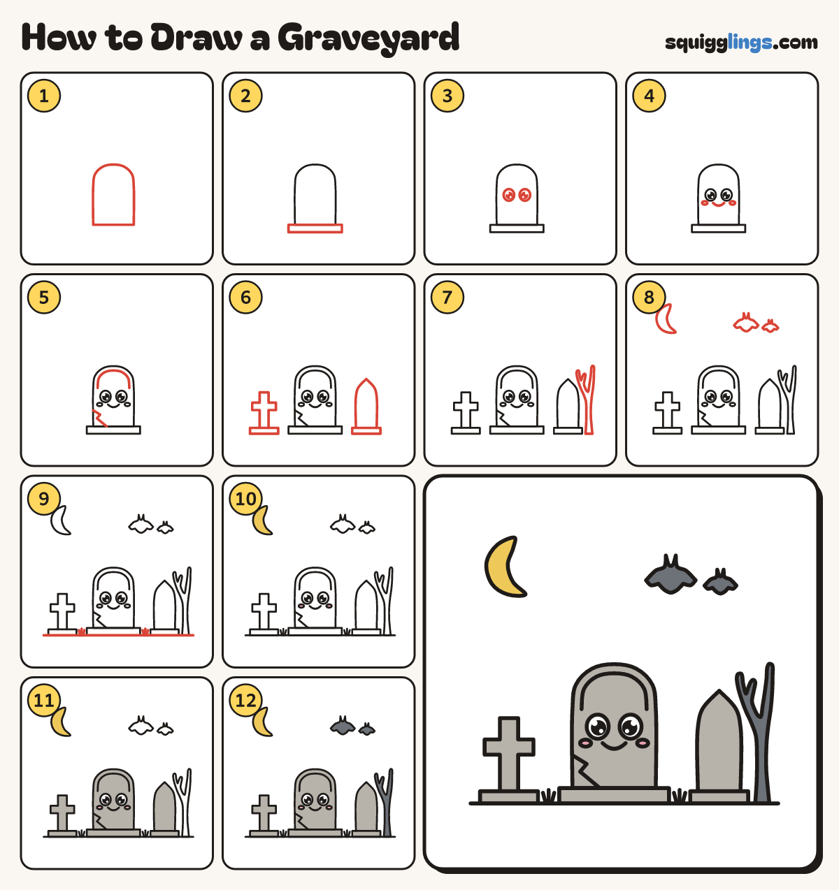 How to Draw a Graveyard step by step: all 12 steps in one picture
