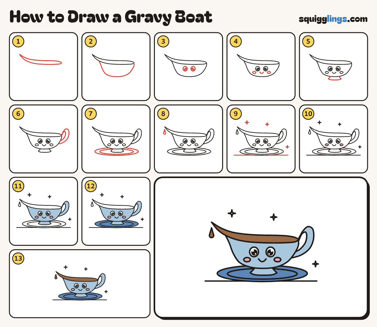 How to Draw a Gravy Boat step by step: all 13 steps in one picture