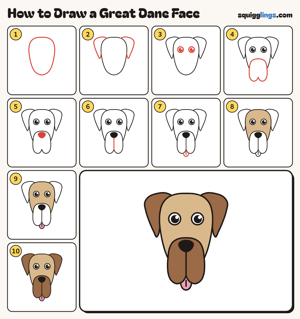 How to Draw a Great Dane Face step by step: all 10 steps in one picture
