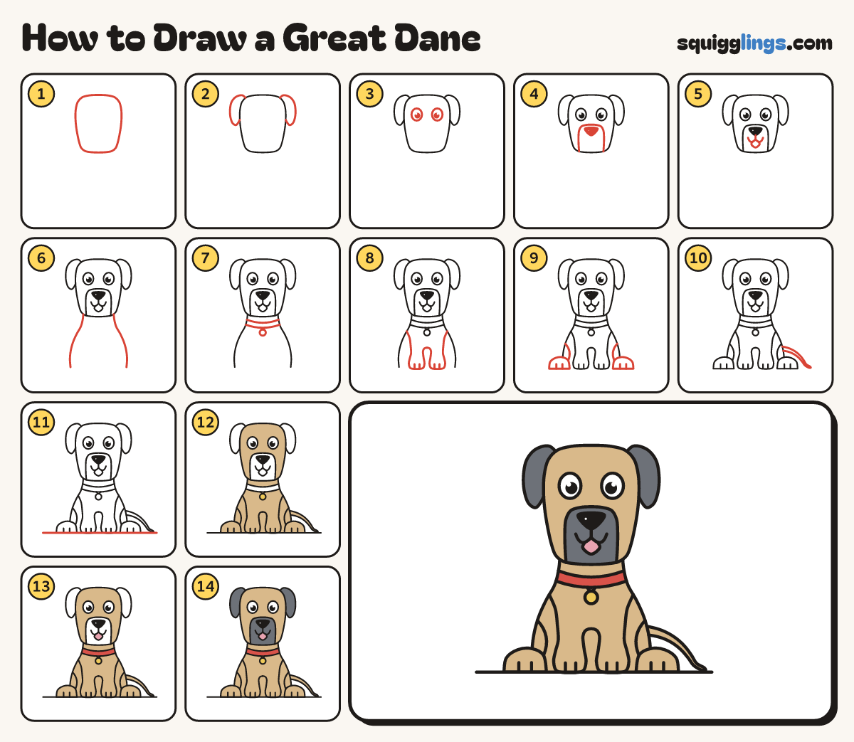 How to Draw a Great Dane step by step: all 14 steps in one picture