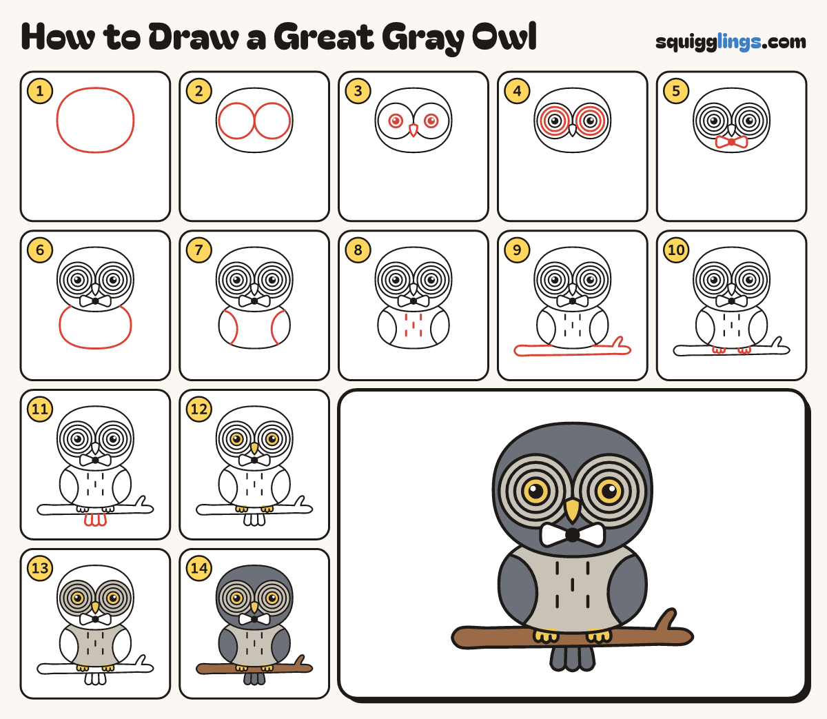 How to Draw a Great Gray Owl step by step: all 14 steps in one picture
