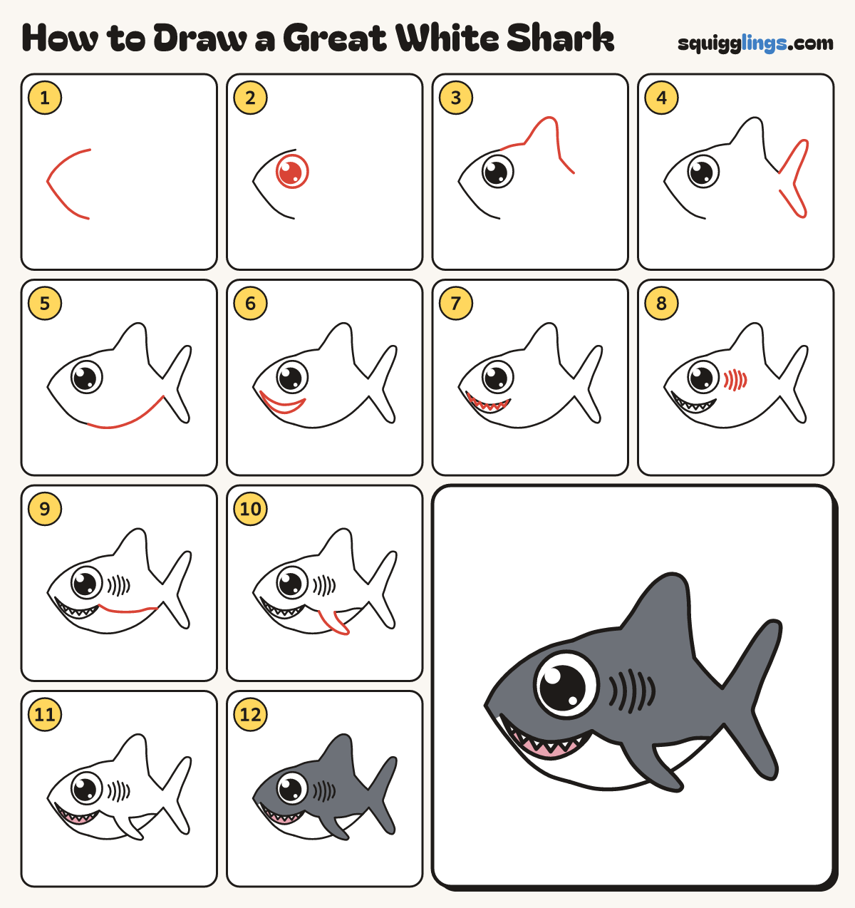 How to Draw a Great White Shark step by step: all 12 steps in one picture