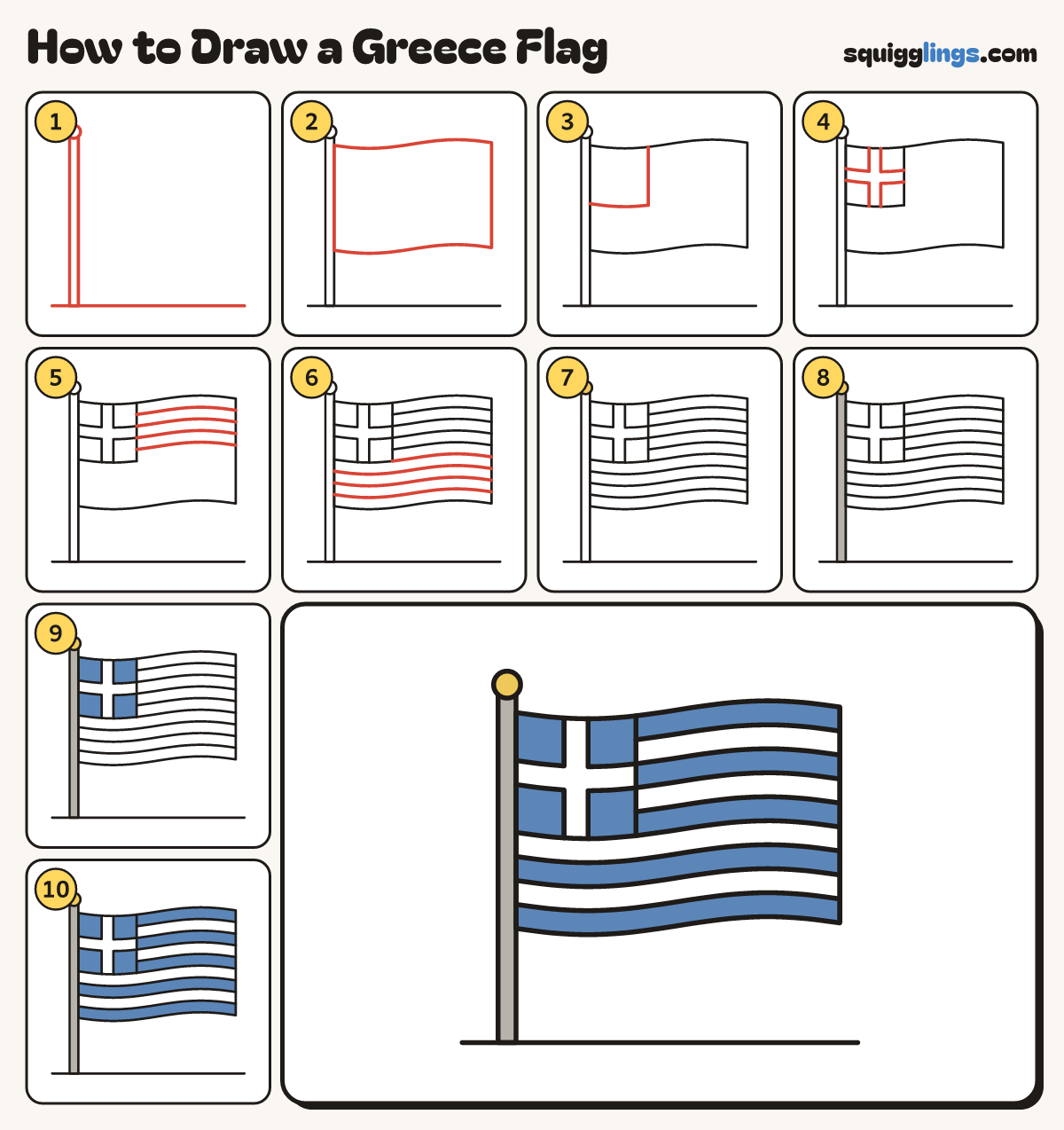 How to Draw a Greece Flag step by step: all 10 steps in one picture
