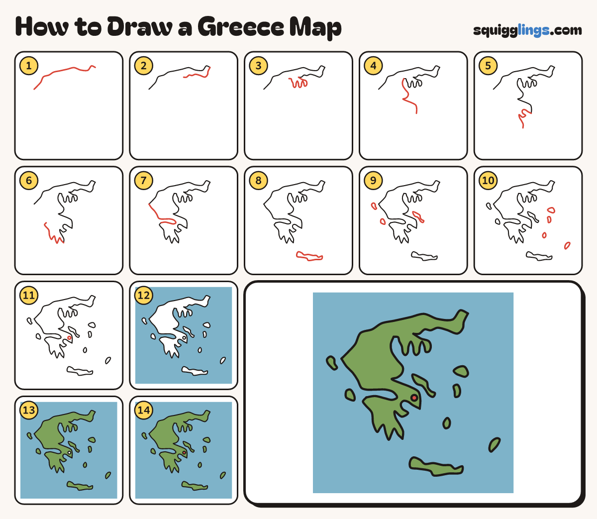 How to Draw a Greece Map step by step: all 14 steps in one picture