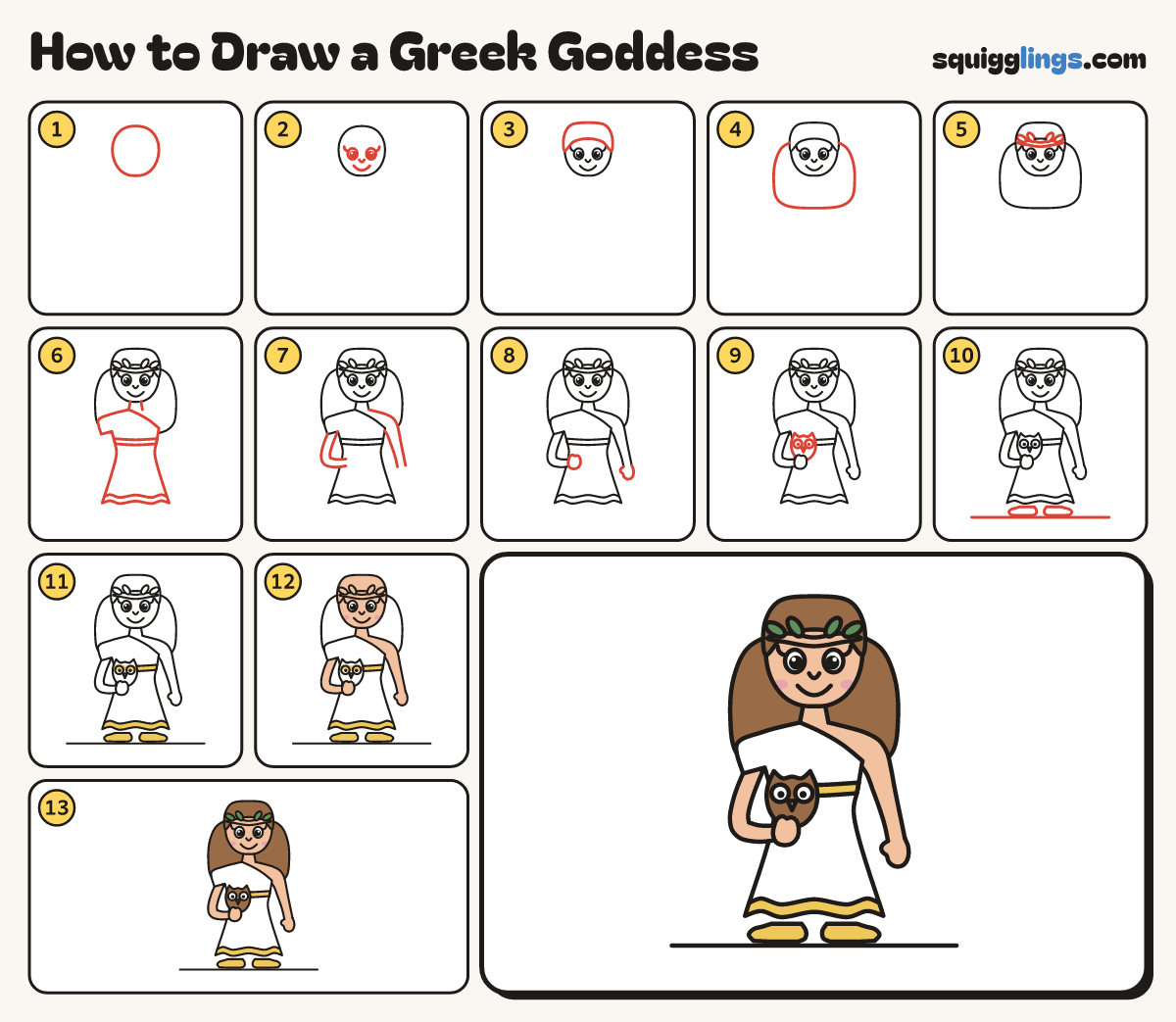 How to Draw a Greek Goddess step by step: all 13 steps in one picture