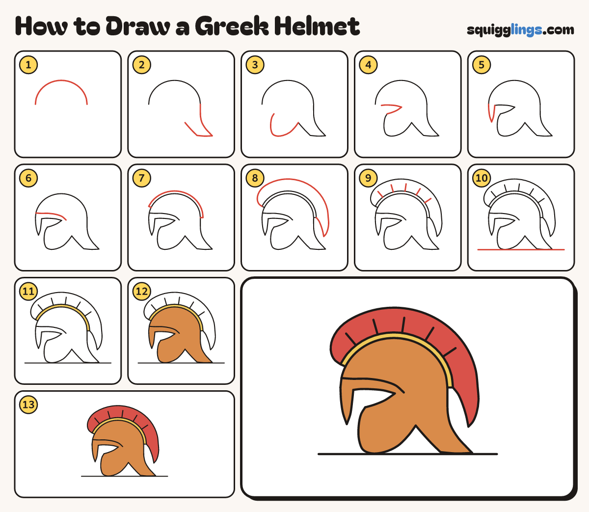 How to Draw a Greek Helmet step by step: all 13 steps in one picture