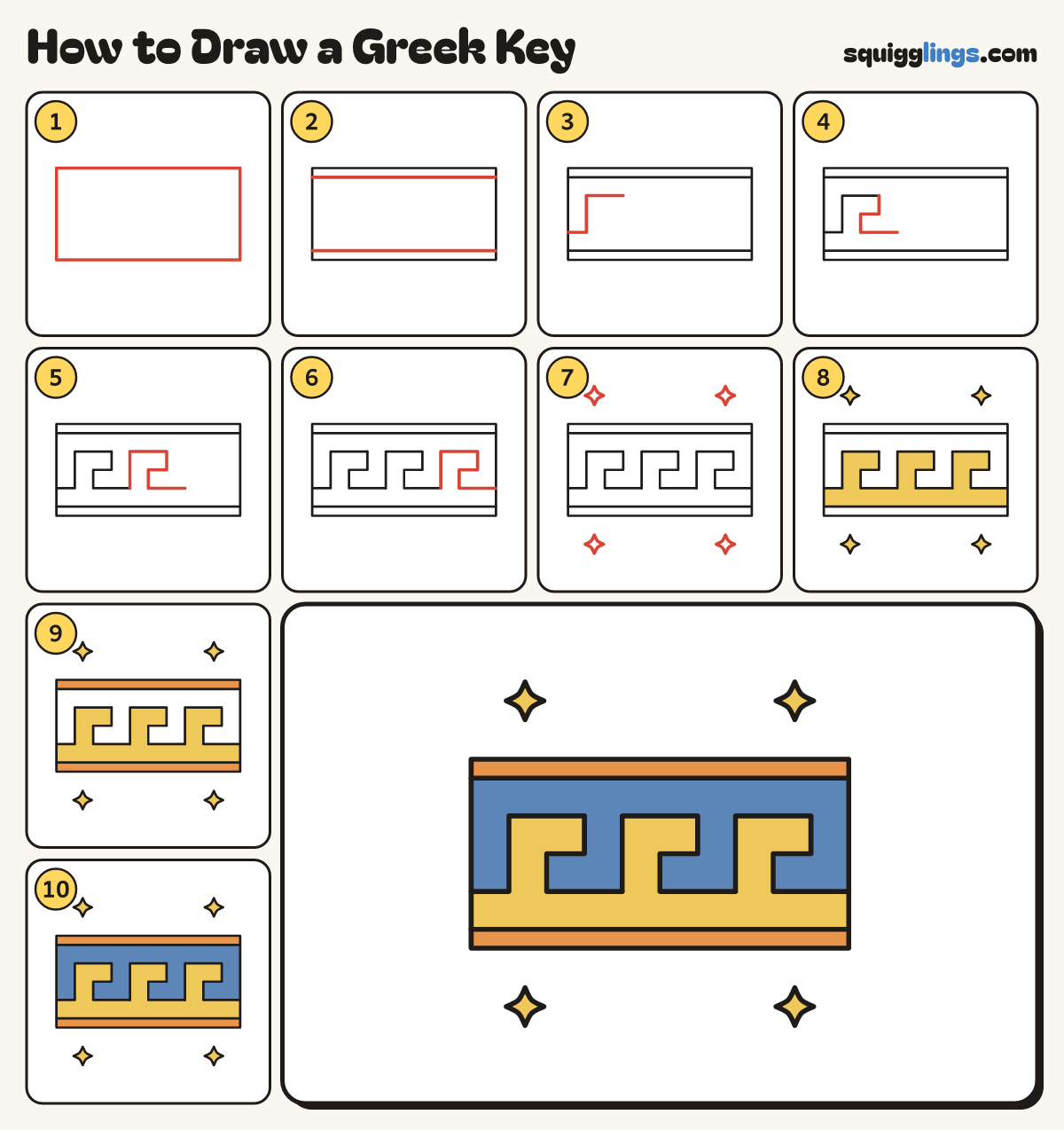How to Draw a Greek Key step by step: all 10 steps in one picture