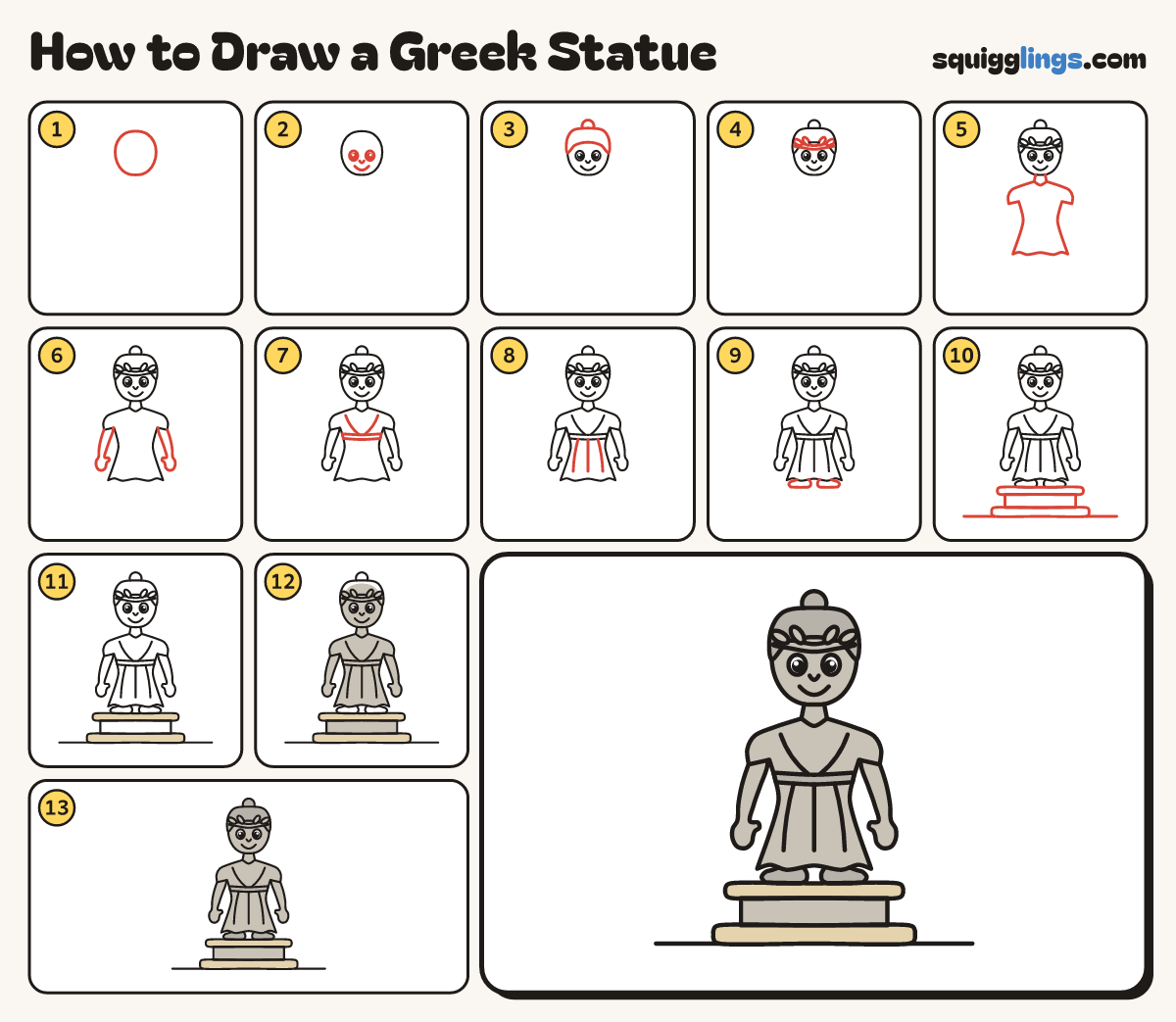 How to Draw a Greek Statue step by step: all 13 steps in one picture