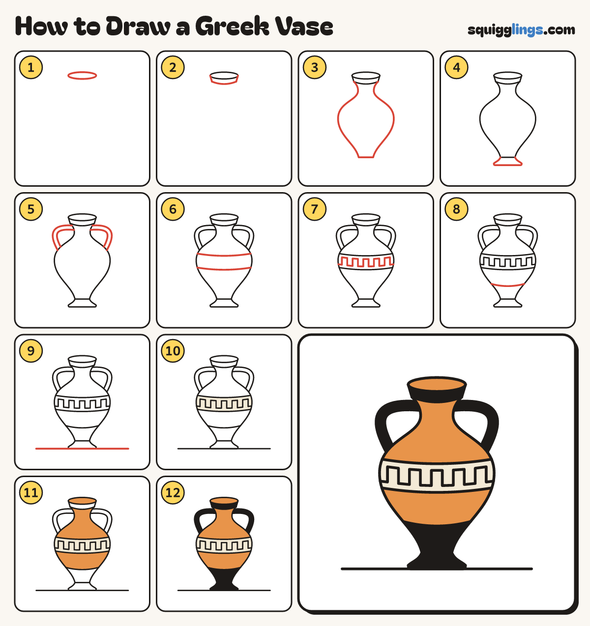 How to Draw a Greek Vase step by step: all 12 steps in one picture