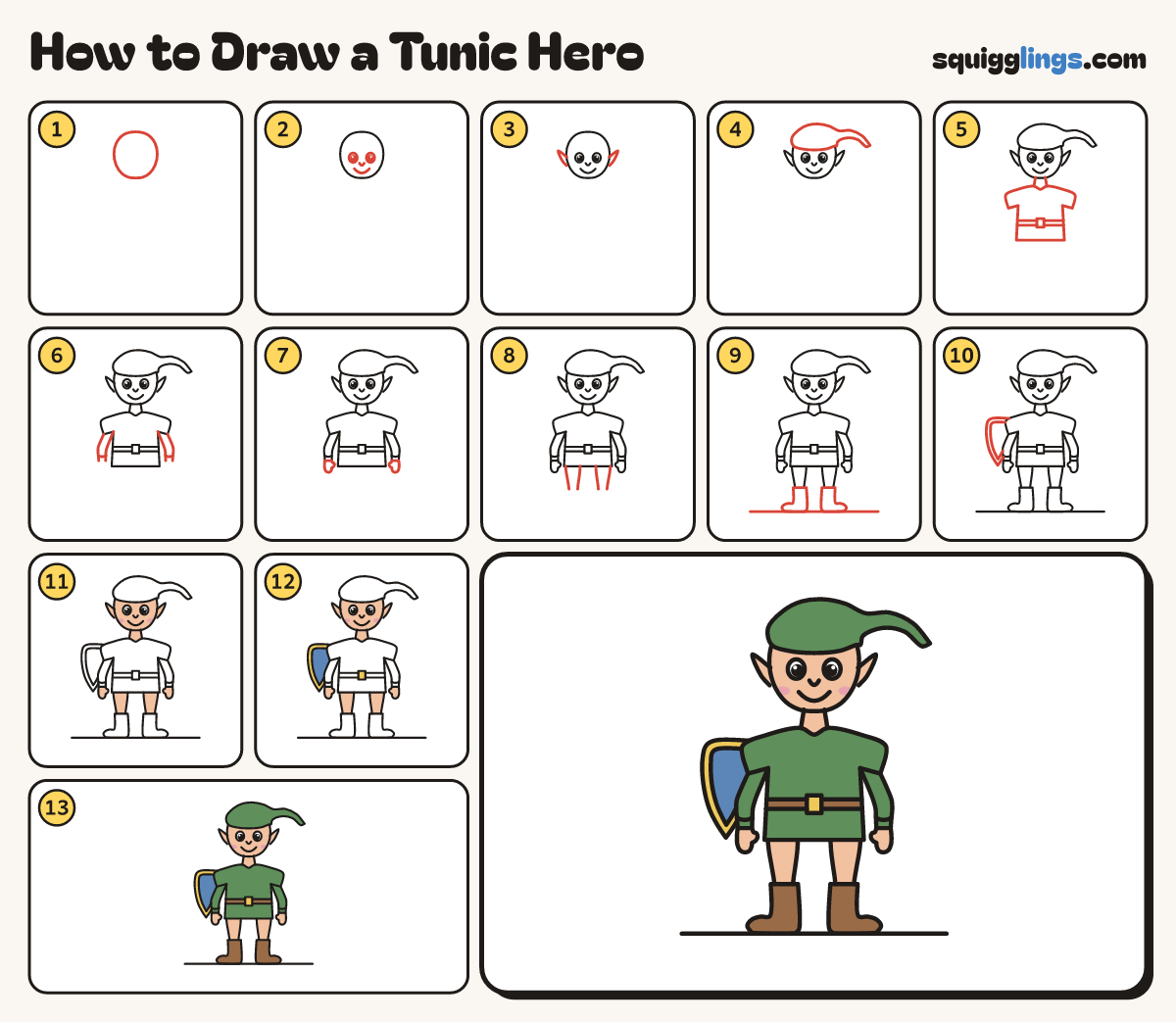 How to Draw a Tunic Hero step by step: all 13 steps in one picture