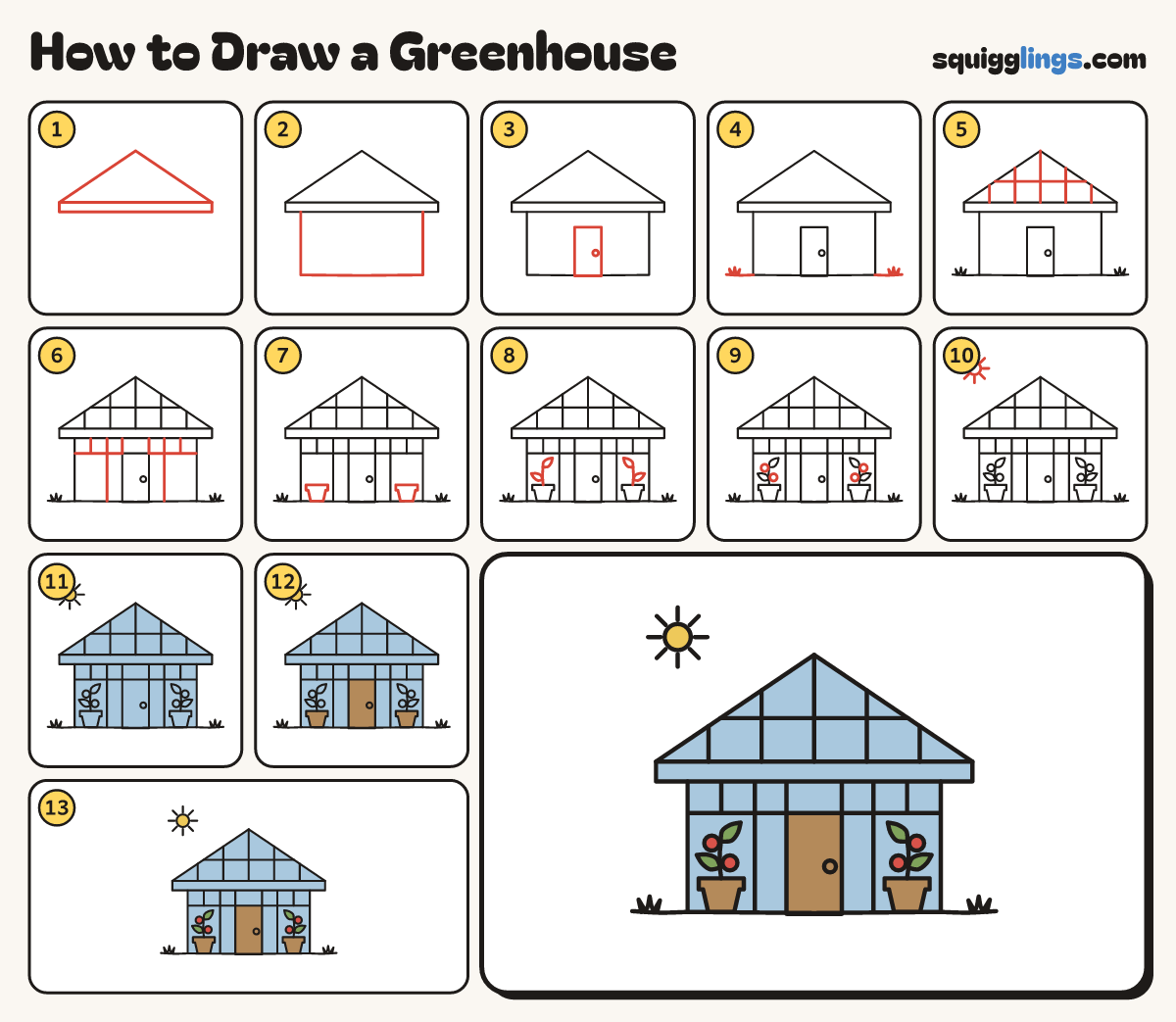 How to Draw a Greenhouse step by step: all 13 steps in one picture
