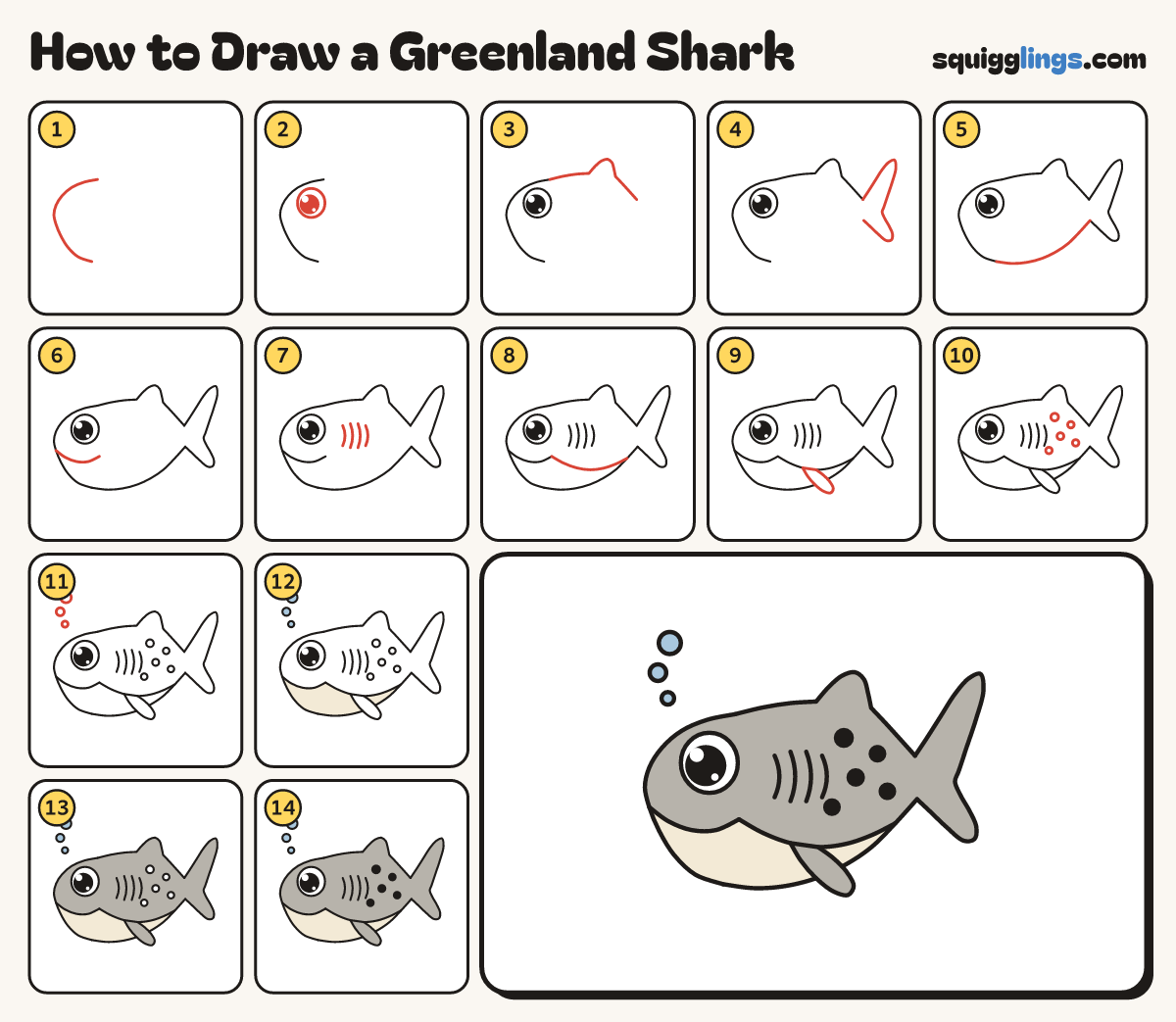How to Draw a Greenland Shark step by step: all 14 steps in one picture