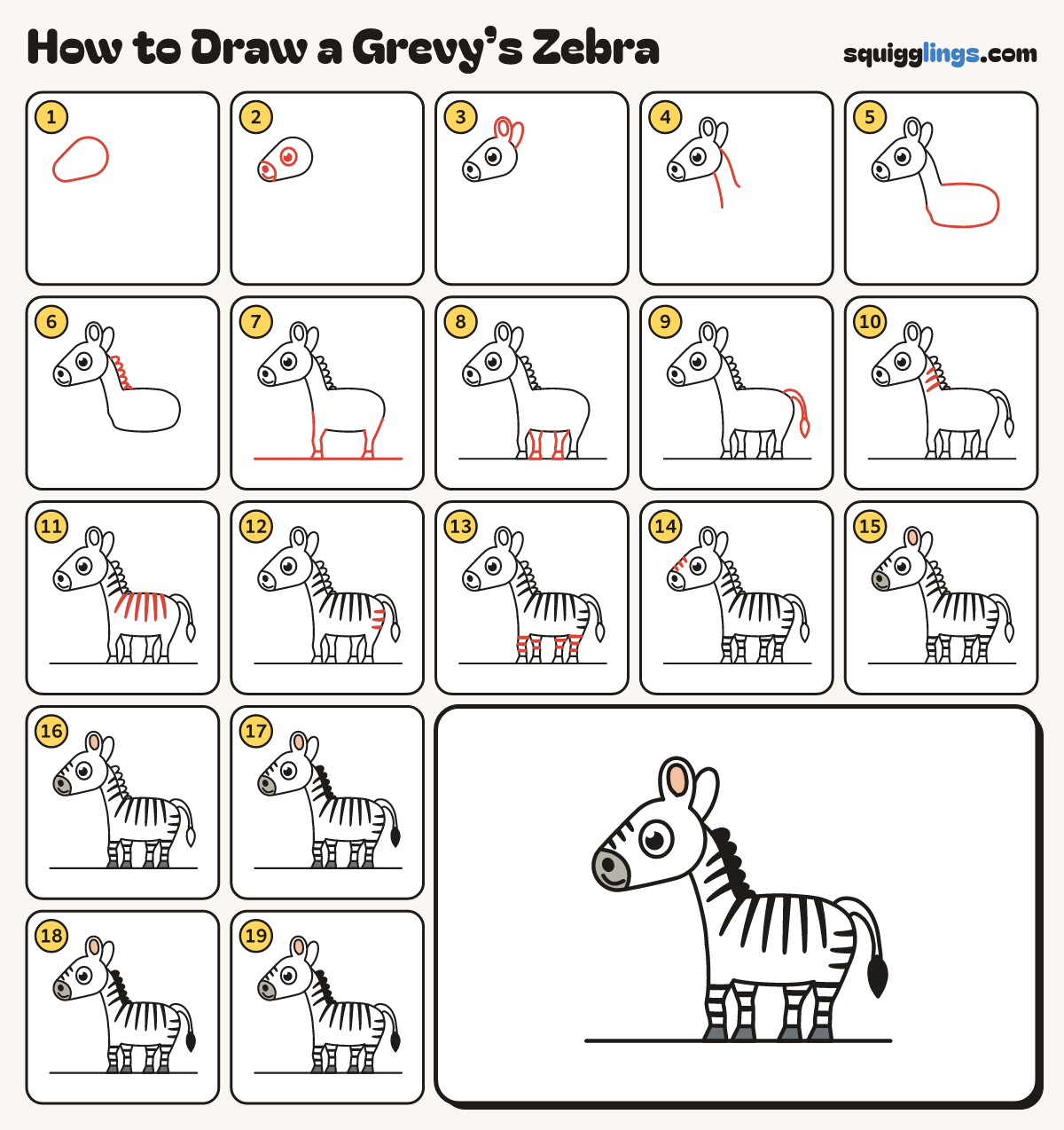 How to Draw a Grevy’s Zebra step by step: all 19 steps in one picture