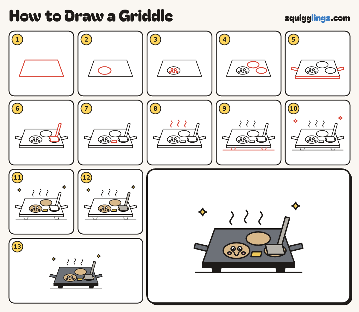 How to Draw a Griddle step by step: all 13 steps in one picture
