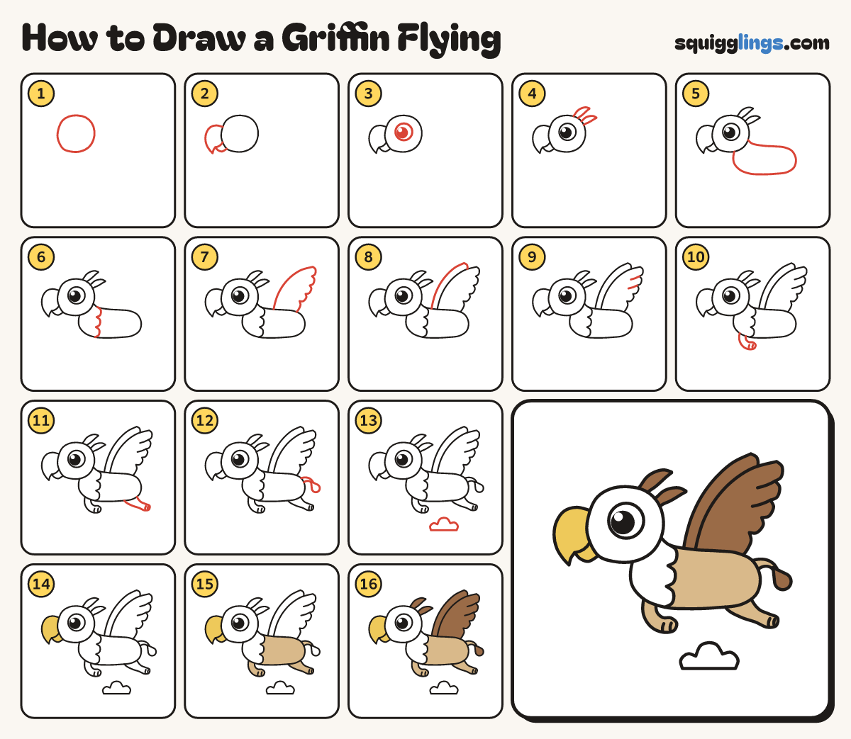 How to Draw a Griffin Flying step by step: all 16 steps in one picture