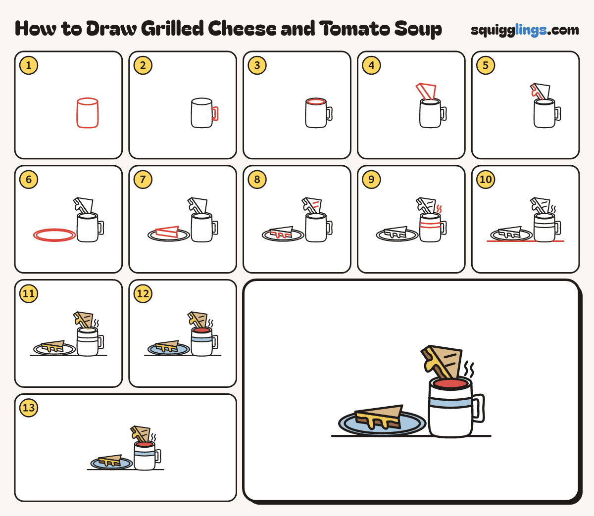How to Draw Grilled Cheese and Tomato Soup step by step: all 13 steps in one picture