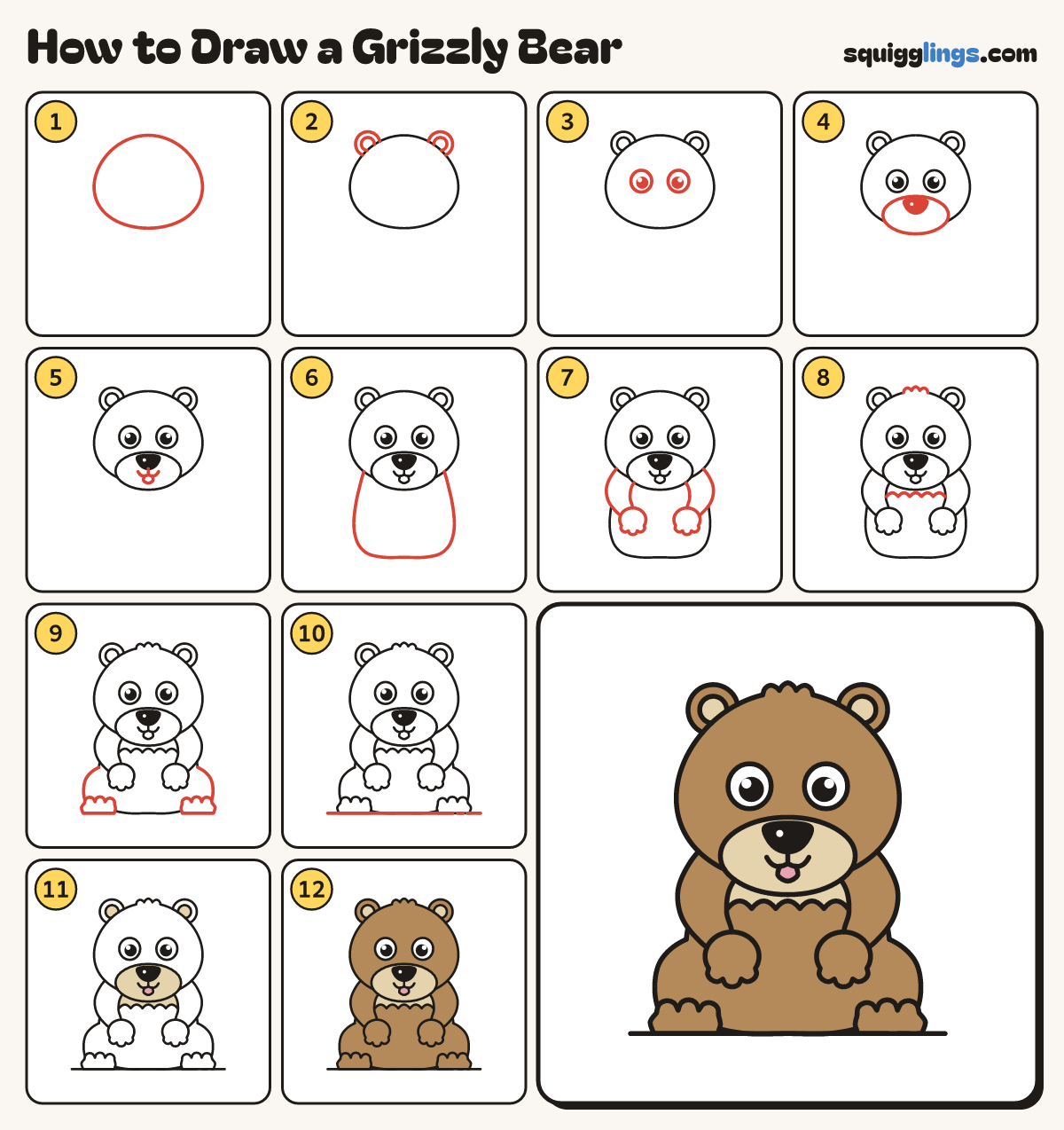 How to Draw a Grizzly Bear step by step: all 12 steps in one picture