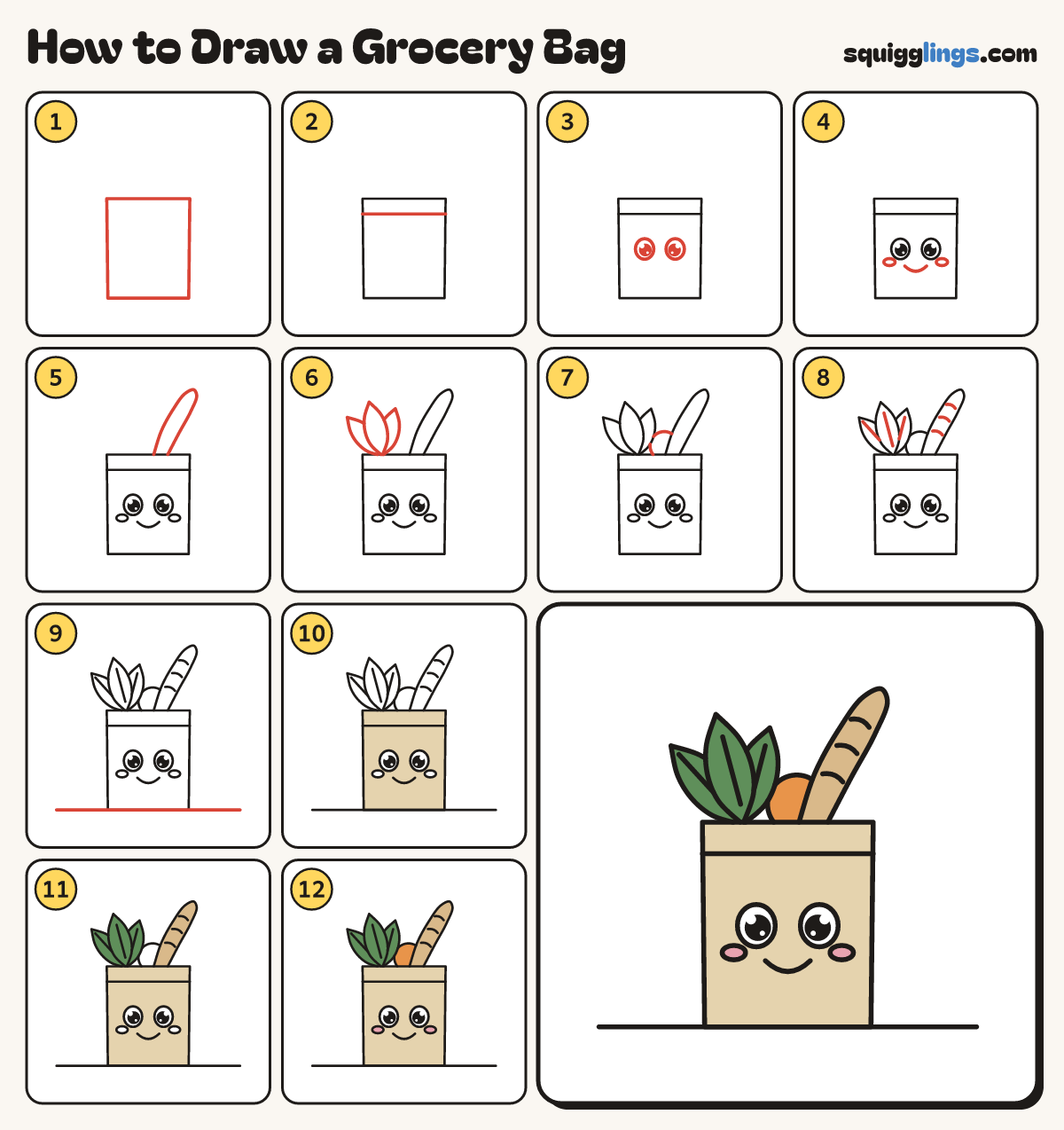 How to Draw a Grocery Bag step by step: all 12 steps in one picture