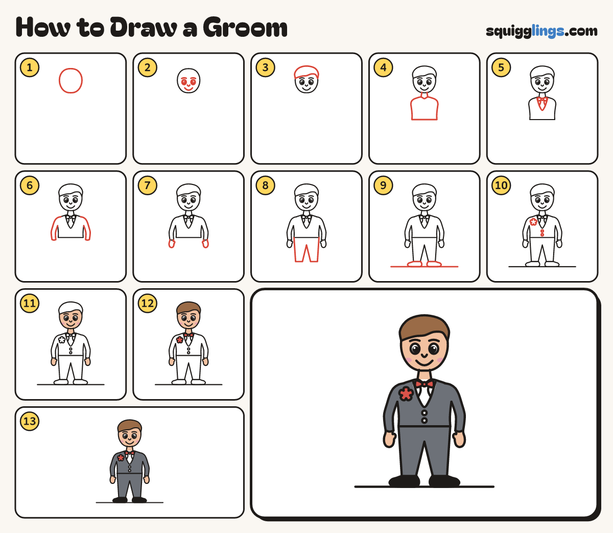 How to Draw a Groom step by step: all 13 steps in one picture