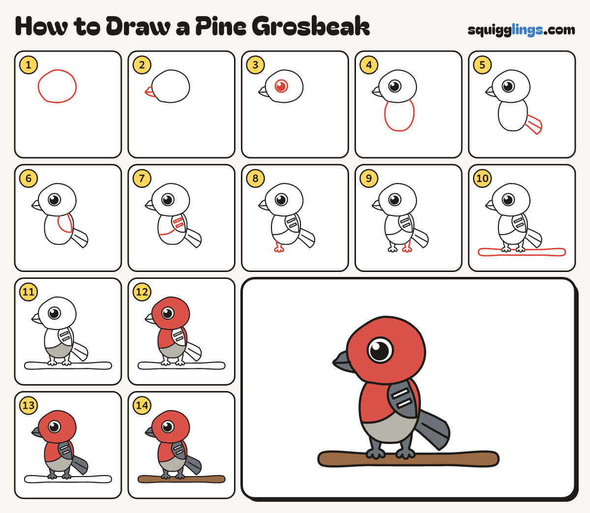 How to Draw a Pine Grosbeak step by step: all 14 steps in one picture