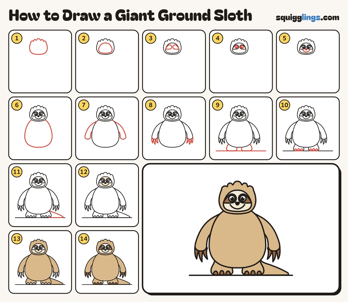 How to Draw a Giant Ground Sloth step by step: all 14 steps in one picture
