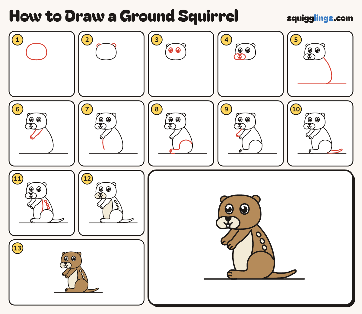 How to Draw a Ground Squirrel step by step: all 13 steps in one picture