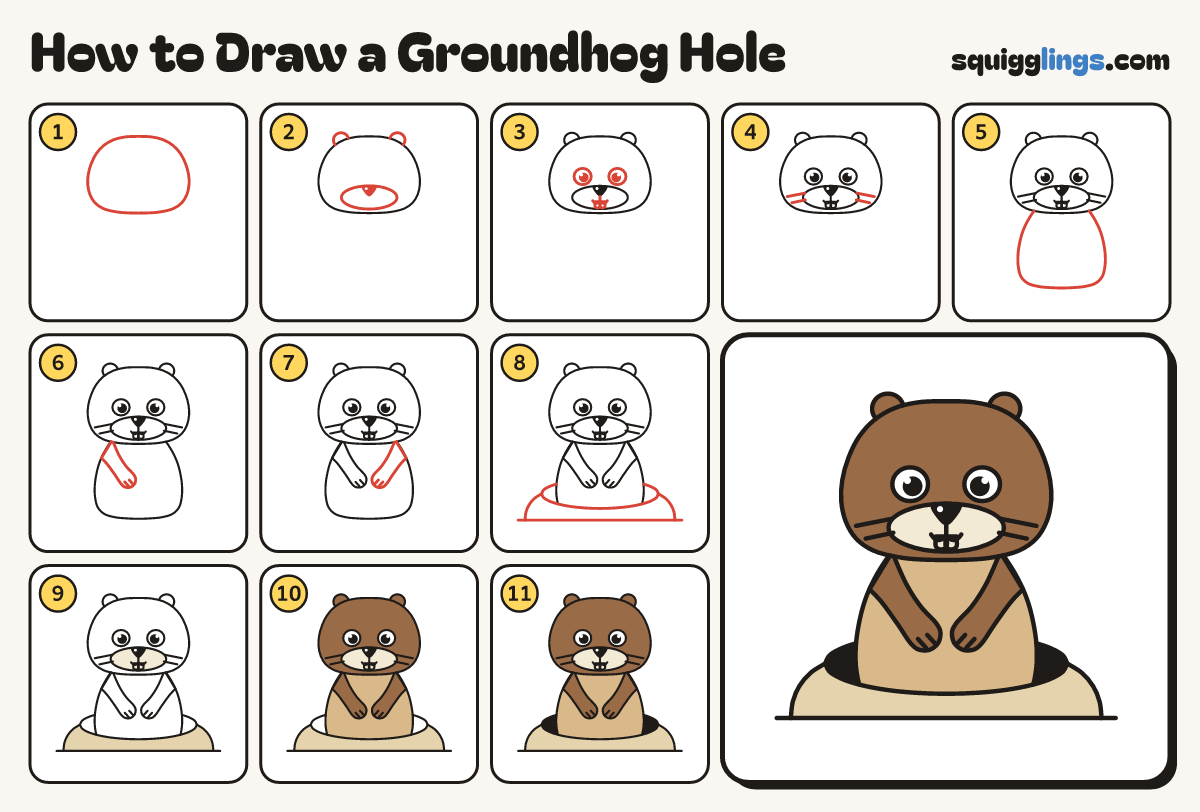How to Draw a Groundhog Hole step by step: all 11 steps in one picture