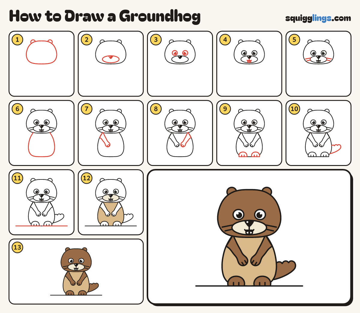 How to Draw a Groundhog step by step: all 13 steps in one picture
